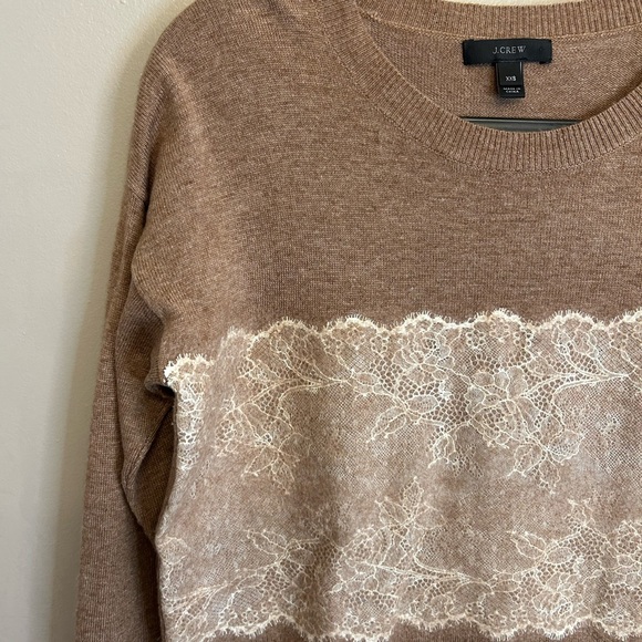 NWOT J. CREW Needle Punch Lace Wool Blend Crewneck Sweater brown cream size XXS - Picture 4 of 14